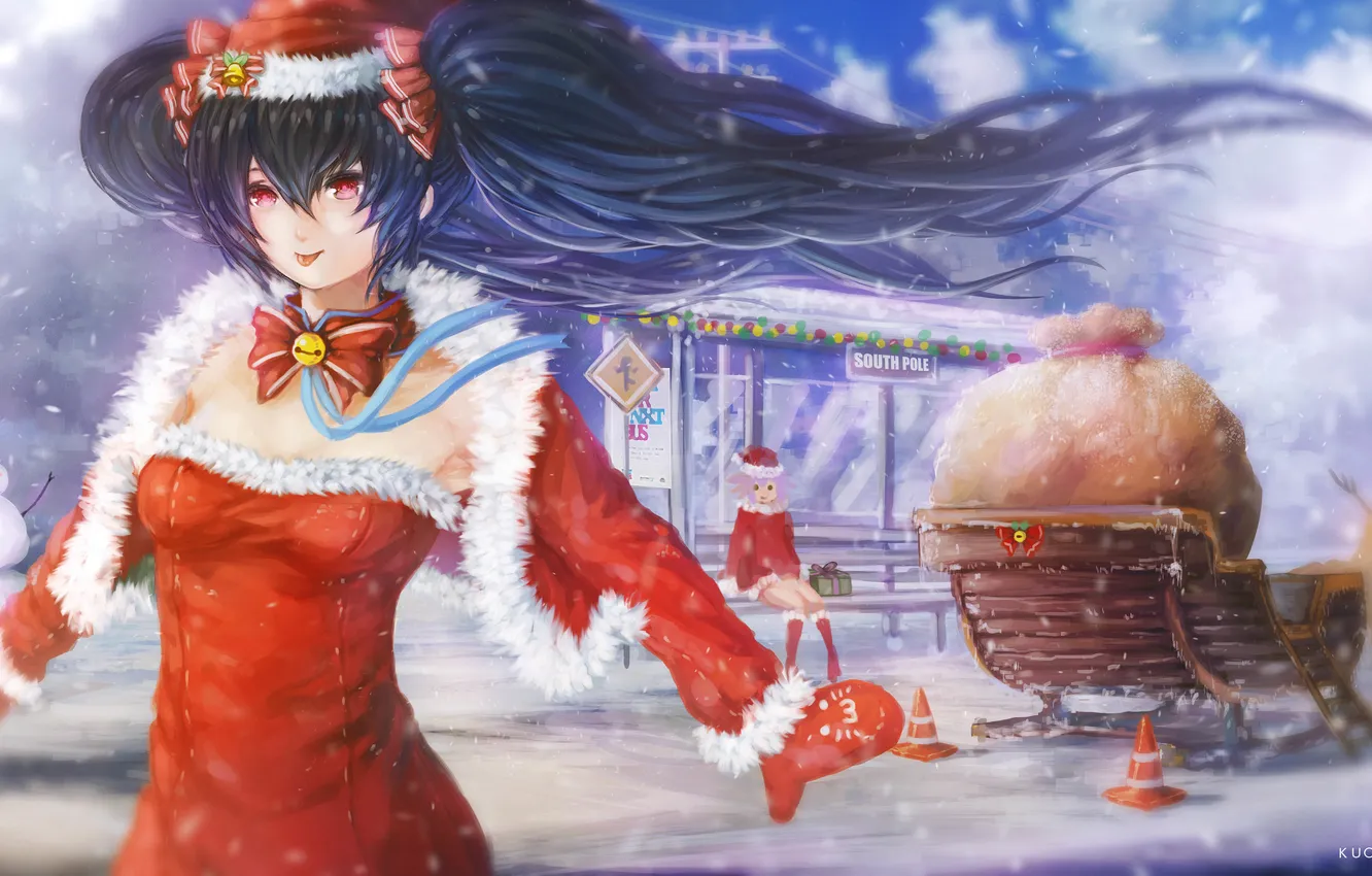 Photo wallpaper winter, language, girl, snow, holiday, new year, anime, deer