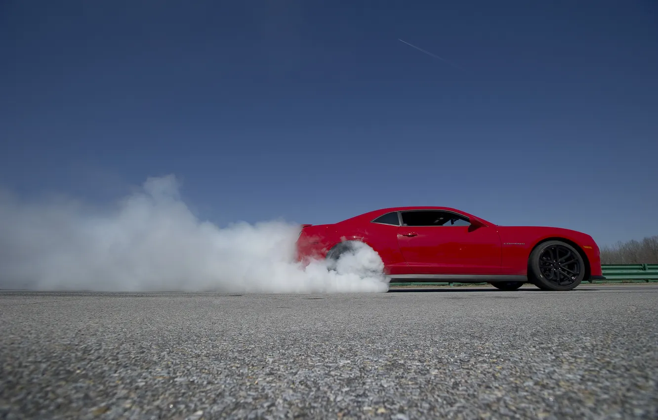Photo wallpaper the sky, red, smoke, red, Chevrolet, side view, camaro, chevrolet