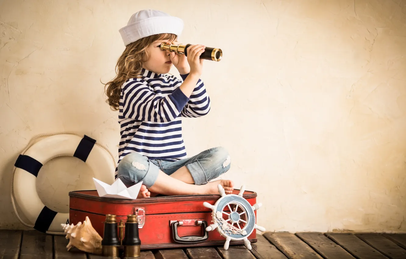 Photo wallpaper shell, girl, binoculars, suitcase, spyglass, lifeline, paper ship