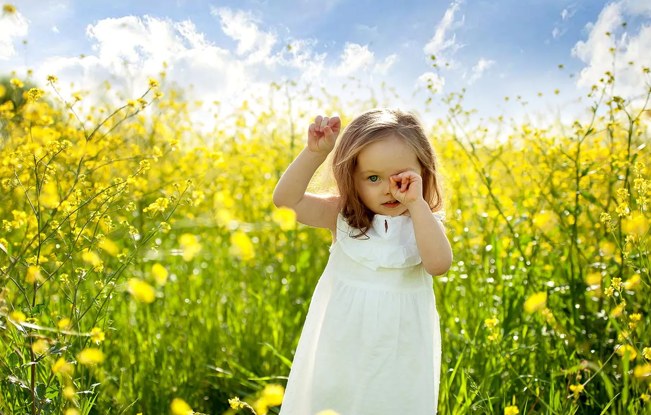 Photo wallpaper field, summer, flowers, children, girl