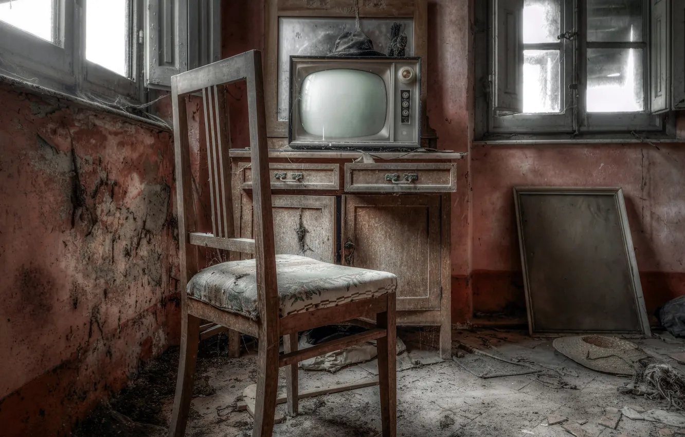 Photo wallpaper room, TV, chair