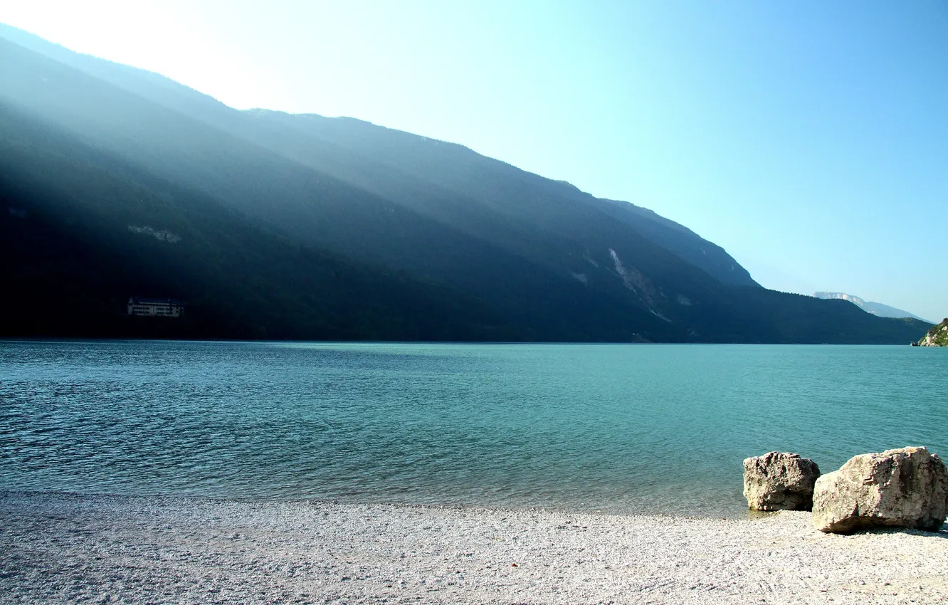 Photo wallpaper water, landscape, mountains, stones, photo, shore