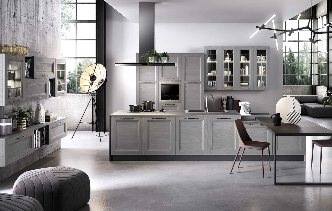 Photo wallpaper interior, kitchen, dining room, loft style, Italian design, smoky gray colors, Kitchens Evo Gea, smoke …
