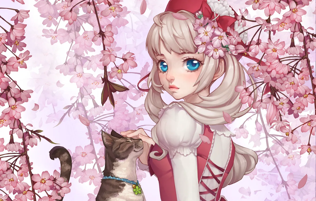 Photo wallpaper cat, girl, flowers, Sakura, art, collar, bow, bell