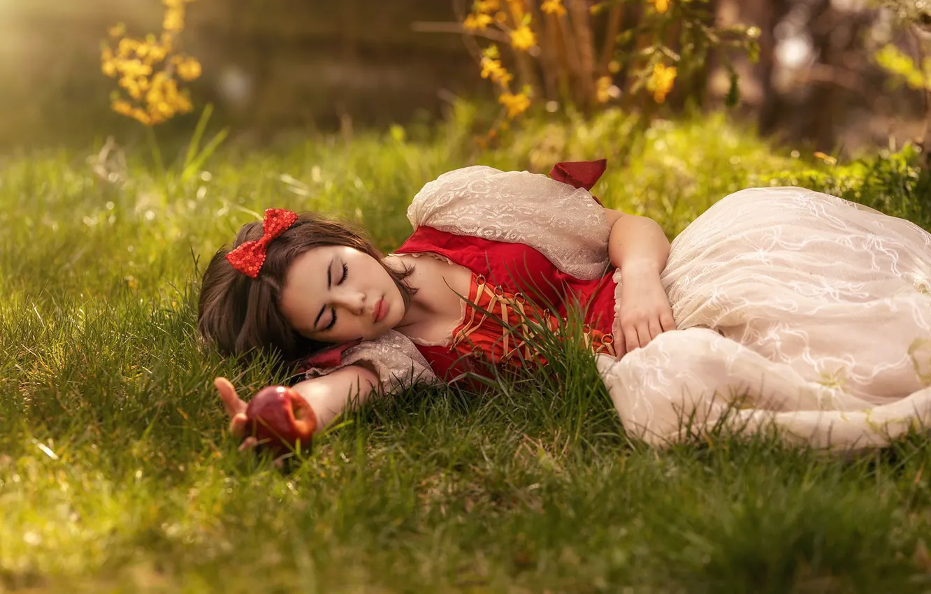Photo wallpaper summer, grass, girl, light, red, pose, style, retro