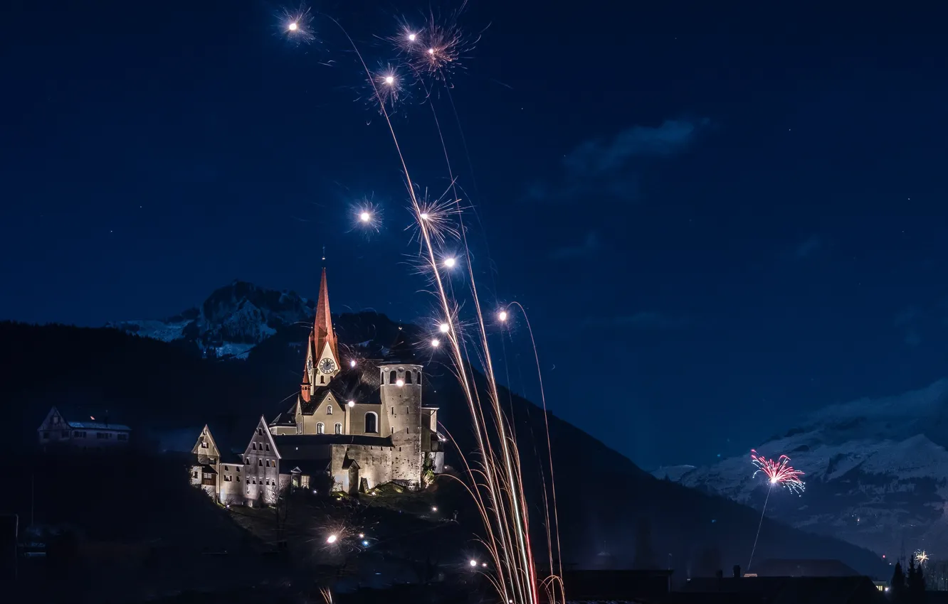Photo wallpaper mountains, night, lights, holiday, home, Austria, Church, fireworks