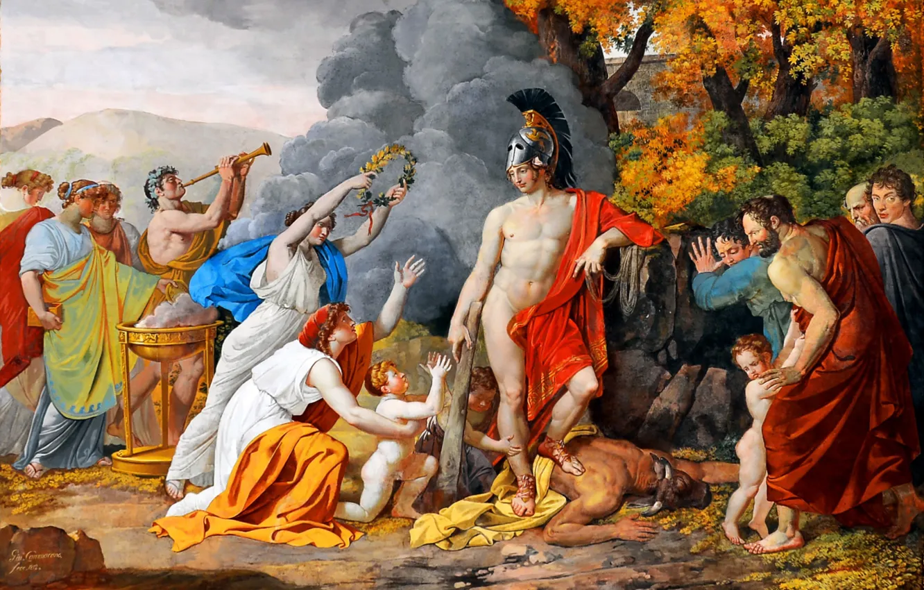 Photo wallpaper people, picture, the Minotaur, Italian artist, Giuseppe Cammarano, Theseus, Giuseppe Cammarano, Theseus' rest after defeating …