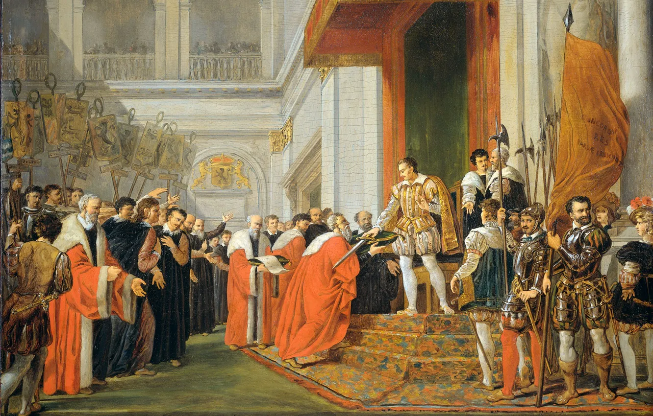 Photo wallpaper trees, oil, picture, genre, Joseph-Denis Dewar, The Utrecht Union