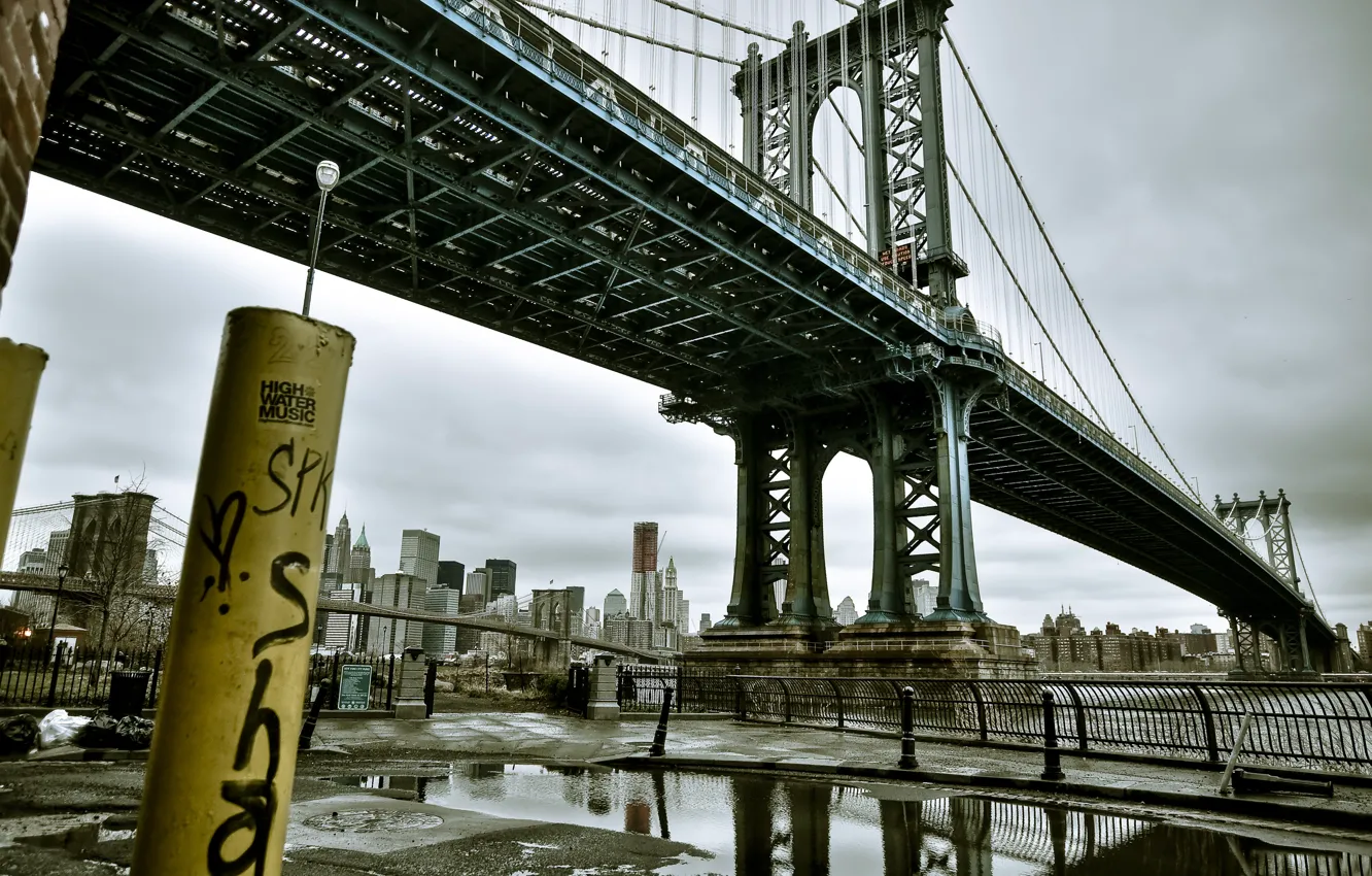 Photo wallpaper bridge, river, building, puddle, Bridge, Manhattan