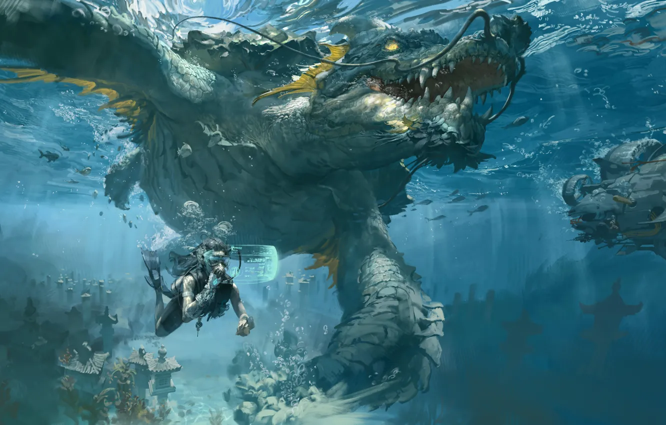 Photo wallpaper girl, dragon, monster, the diver, underwater world, bathyscaphe