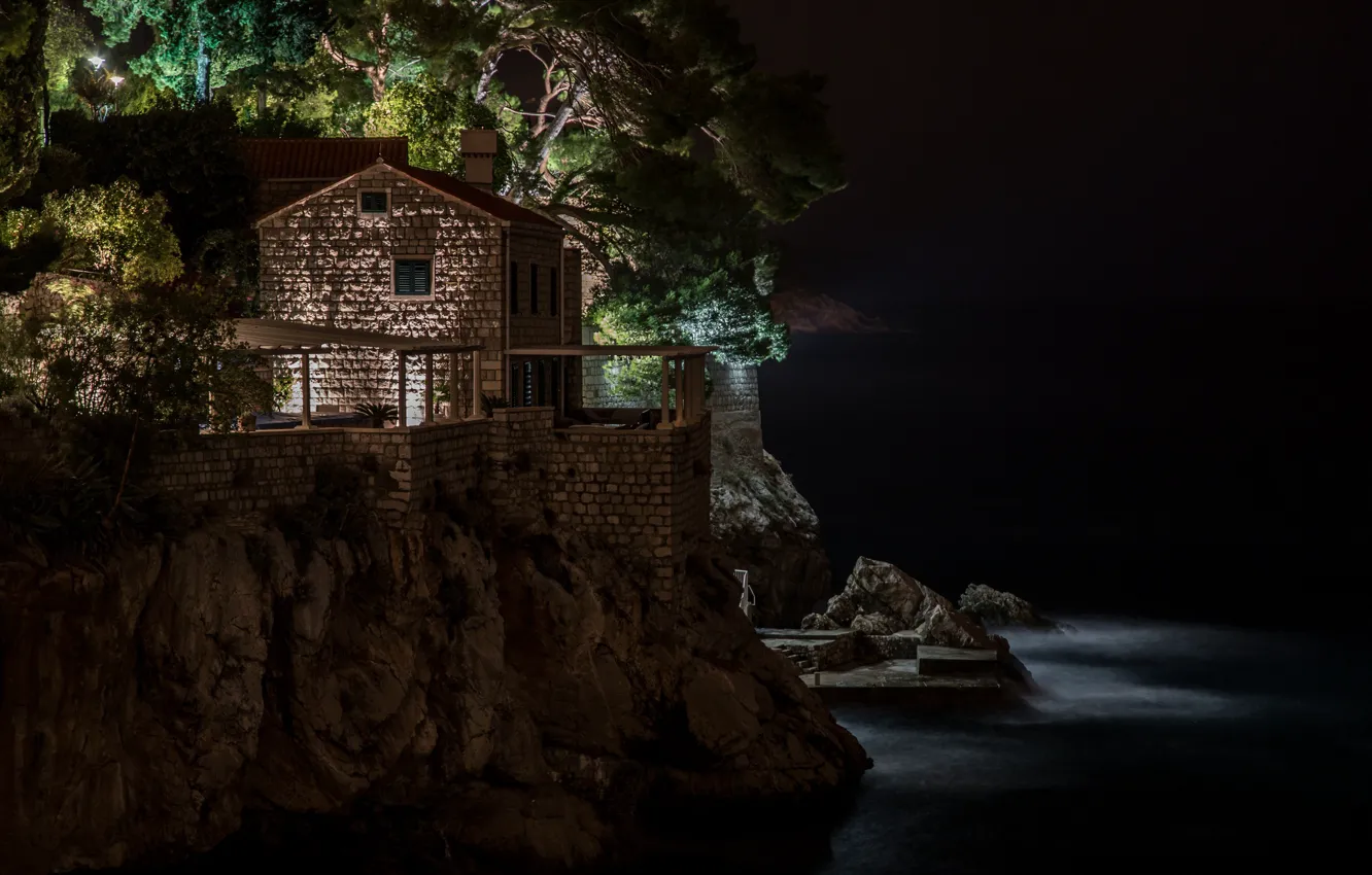 Photo wallpaper sea, light, night, rock, house, Dubrovnik, Villa Agave