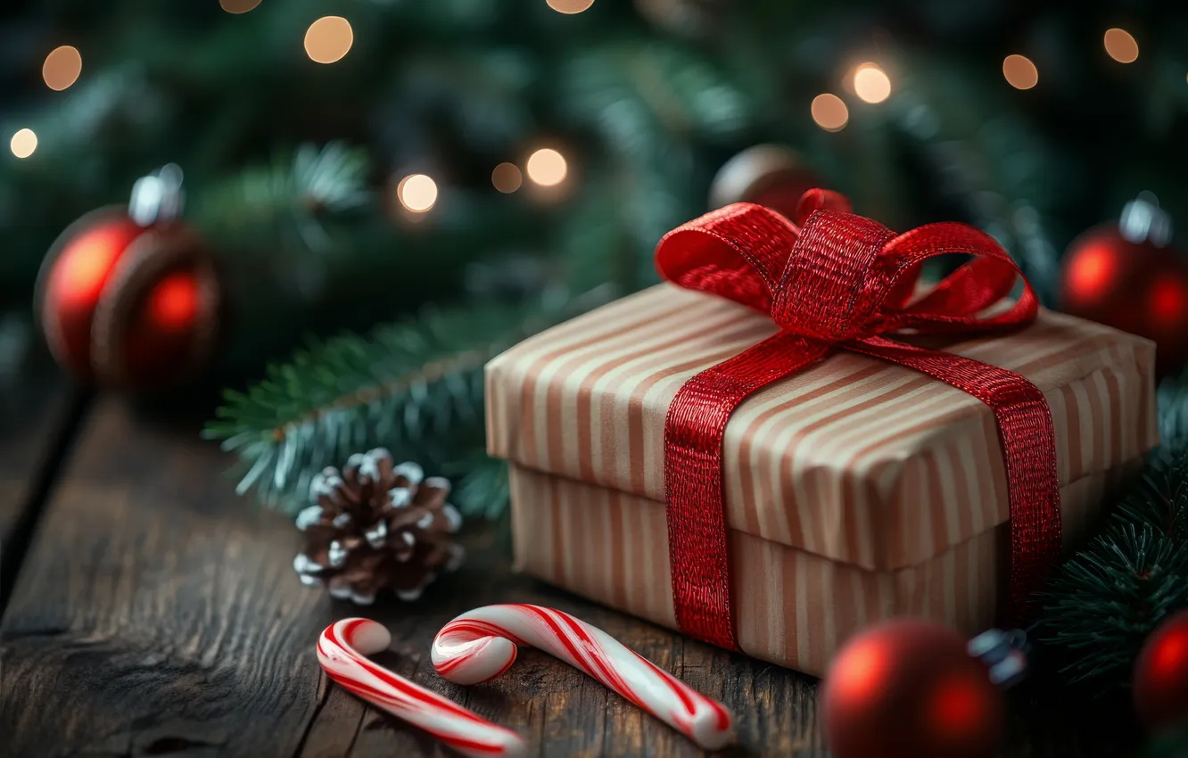 Photo wallpaper lights, gift, Board, new year, Christmas, cane, bow, needles