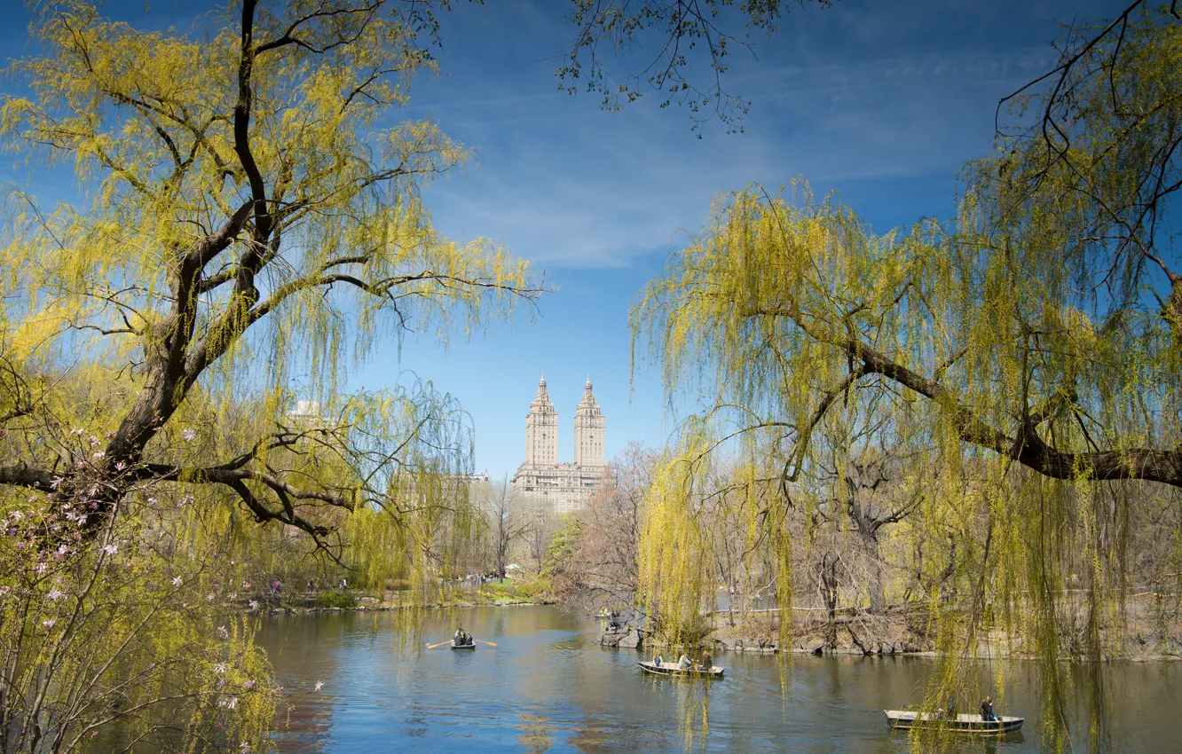 Photo wallpaper the sky, trees, pond, boat, people, home, spring, New York