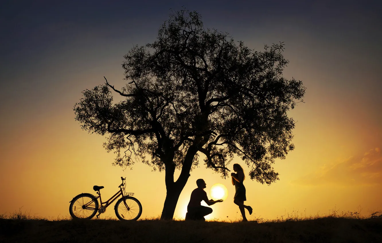 Photo wallpaper girl, the sun, trees, bike, silhouette, pair, guy