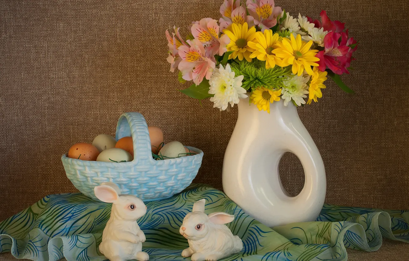 Photo wallpaper eggs, bouquet, Easter, bunnies