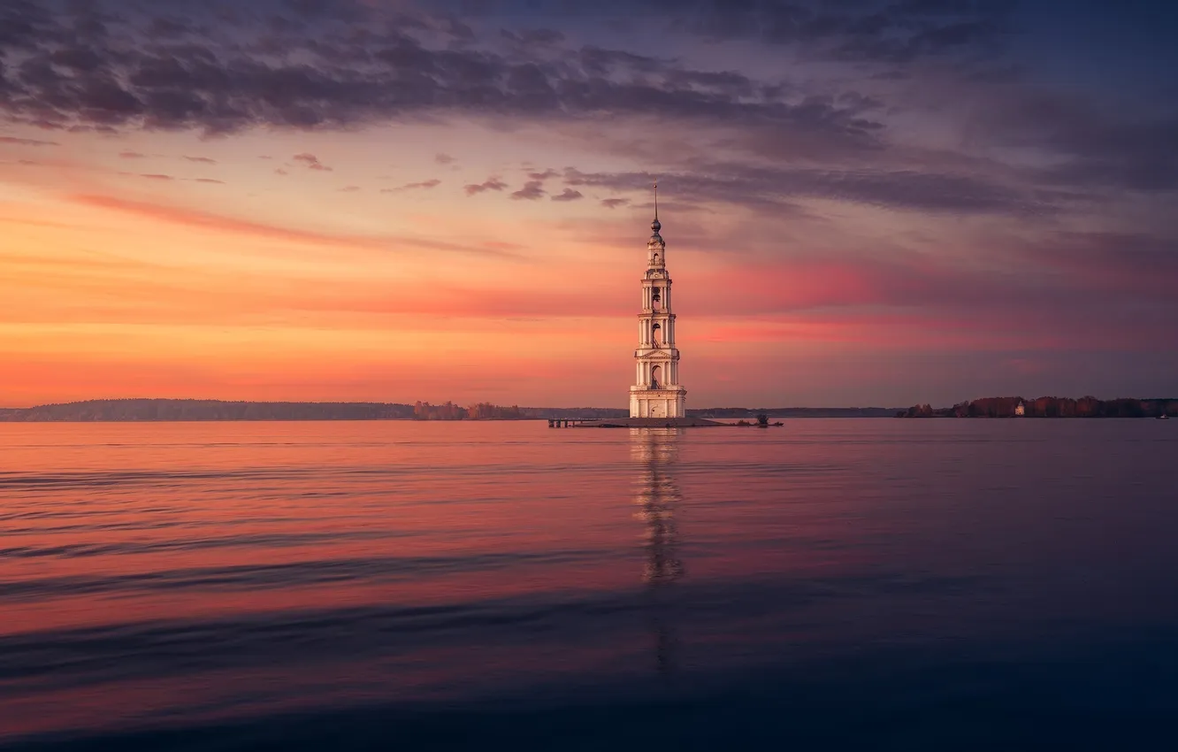 Photo wallpaper sunset, island, the evening, the bell tower, Kalyazin, Pavel Minaev, Kalyazinskaya bell Tower, Uglich reservoir