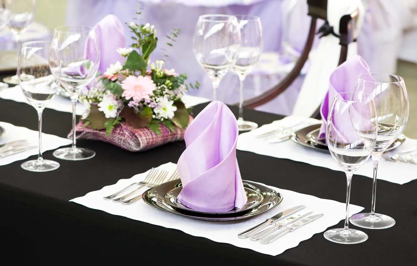 Photo wallpaper flowers, table, glass, napkin, serving, Cutlery