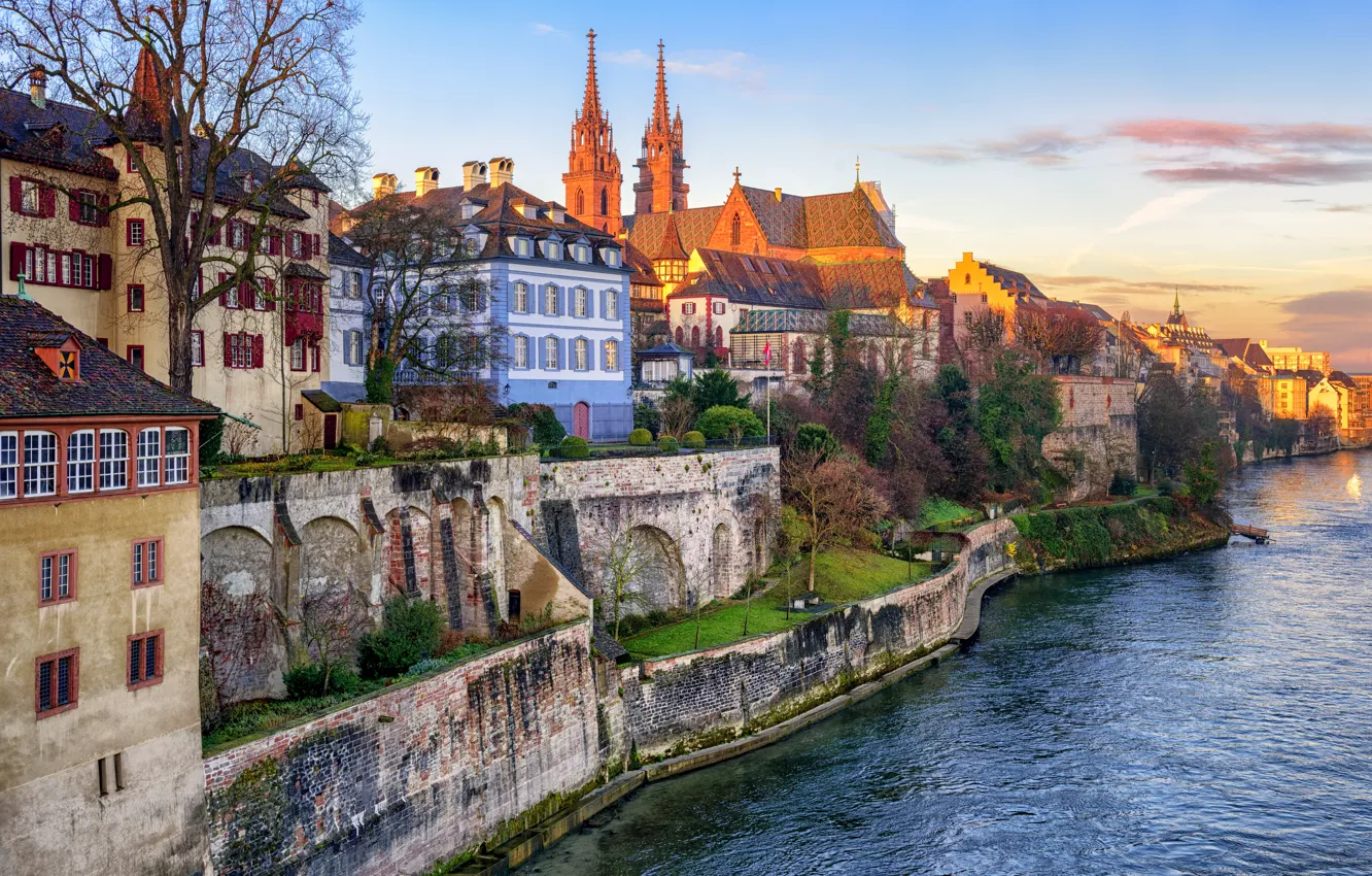 Photo wallpaper river, home, Switzerland, promenade, Basel