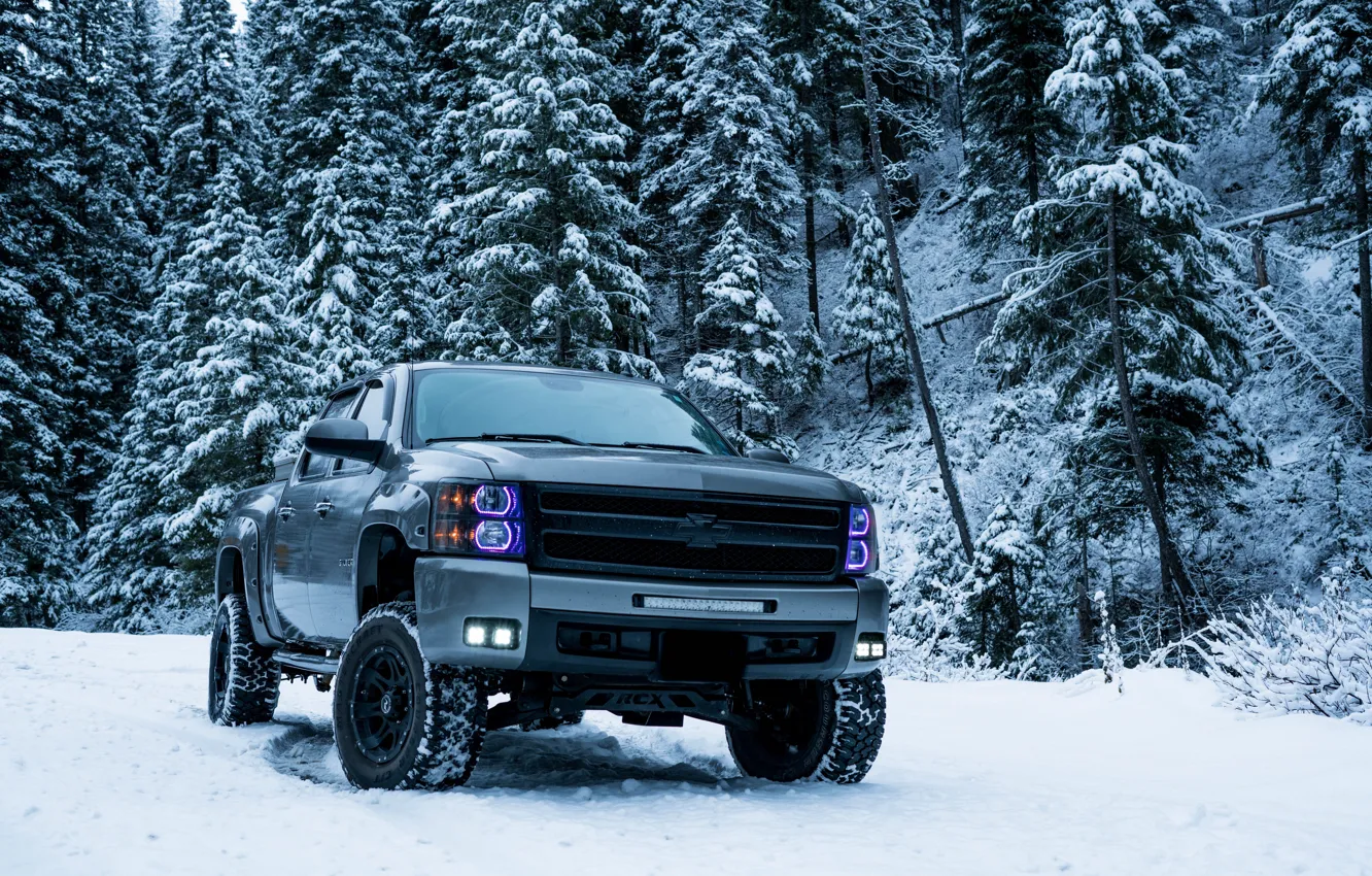 Photo wallpaper winter, snow, trees, Chevrolet, SUV, trees, pickup, winter