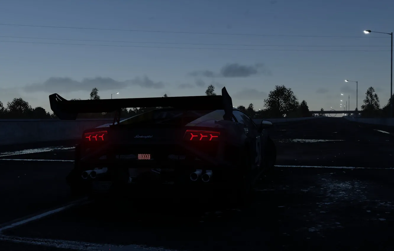 Photo wallpaper road, night, posts, the evening, Lamborghini, back, The Crew