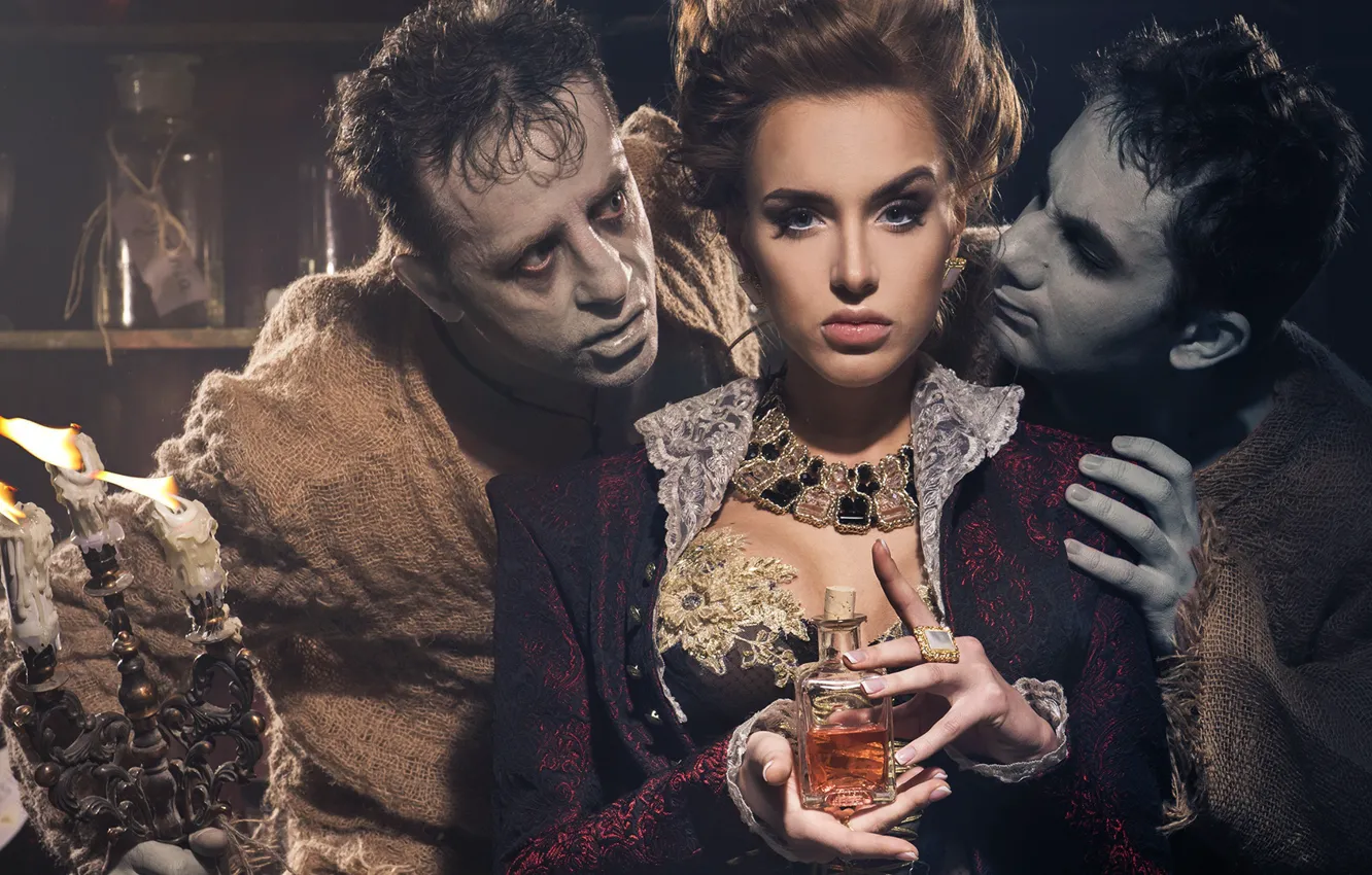 Photo wallpaper dress, woman, men, look, candles, flask, Victorian style