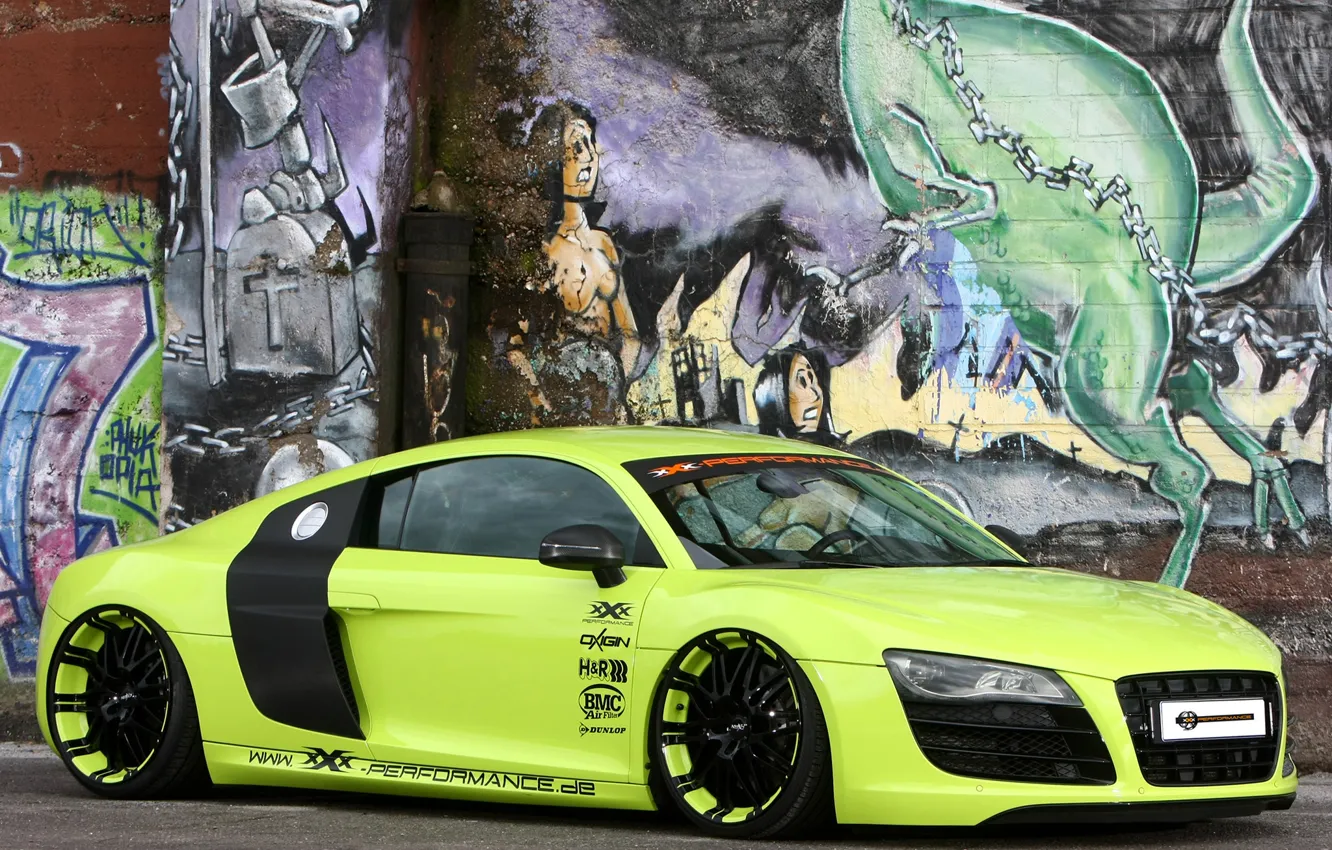 Photo wallpaper background, wall, Audi, tuning, Audi, green, supercar, grafiti