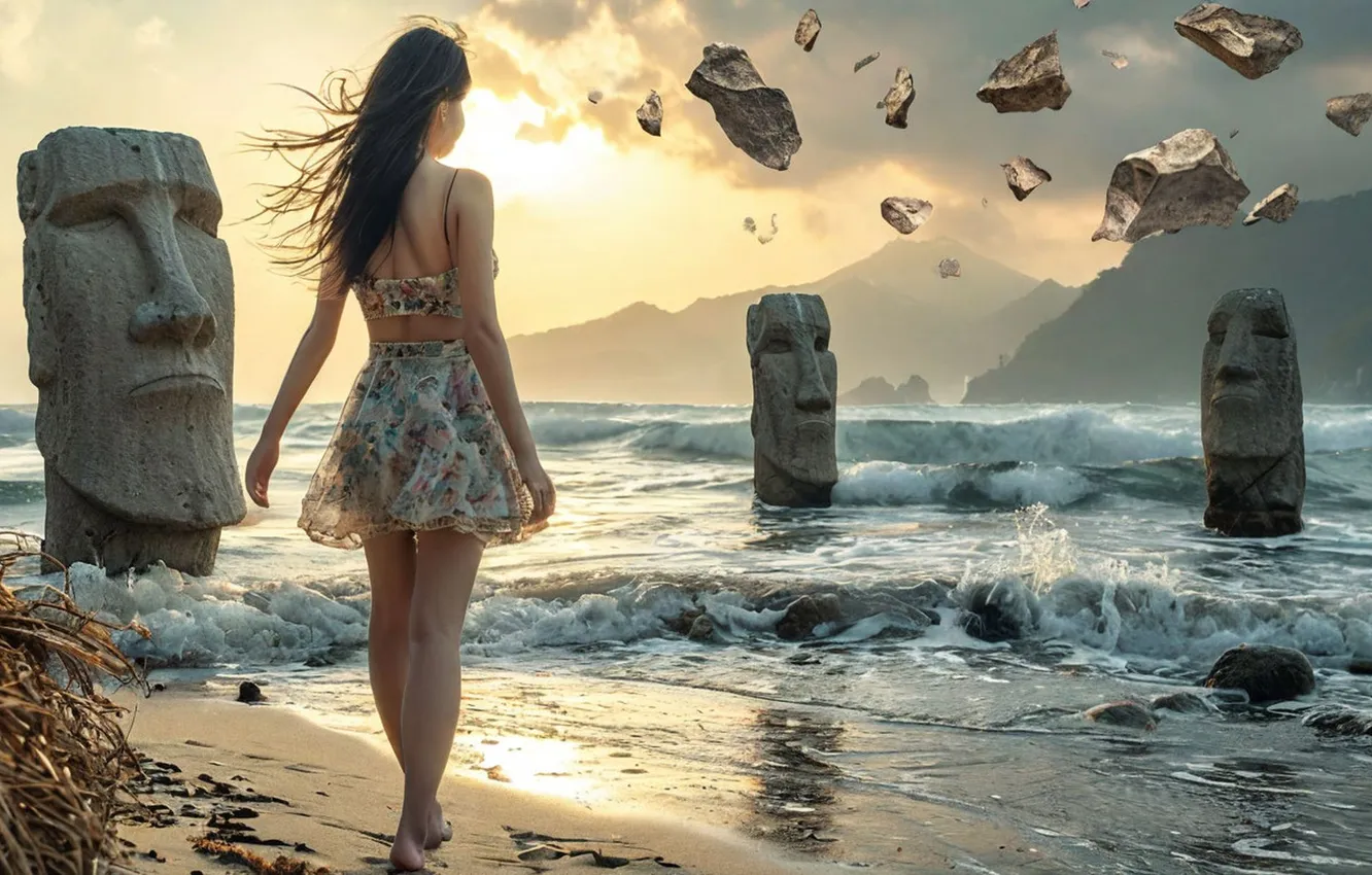 Photo wallpaper wave, mountains, haze, sculpture, sunset, digital art, coast, digital art