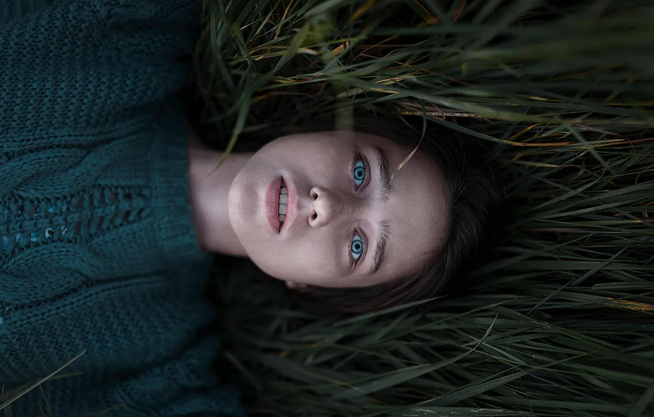 Photo wallpaper in the grass, blue-eyed, sweater, Vika, Aleks Five