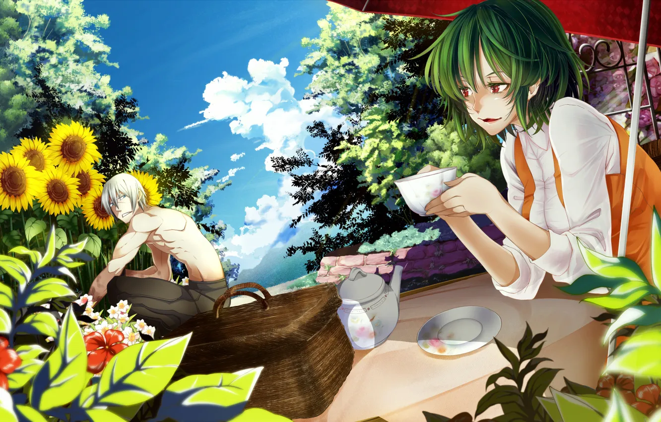 Photo wallpaper summer, girl, clouds, sunflowers, flowers, work, stay, tea