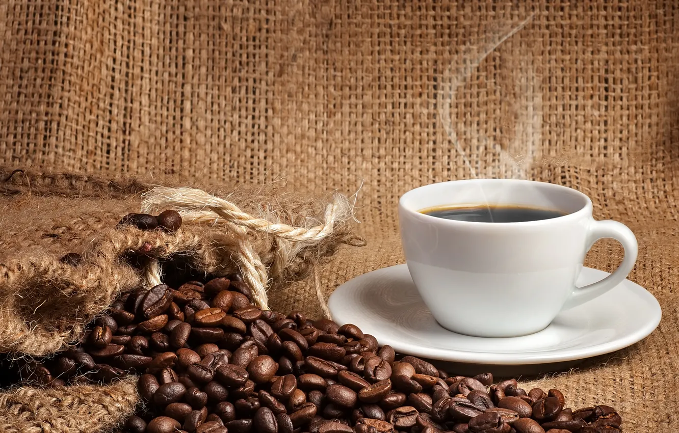 Photo wallpaper coffee, Cup, drink, coffee beans, saucer, smoke