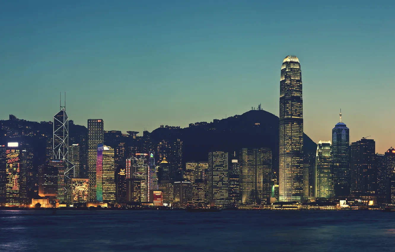 Photo wallpaper sea, the sky, sunset, the city, lights, shore, building, Hong Kong
