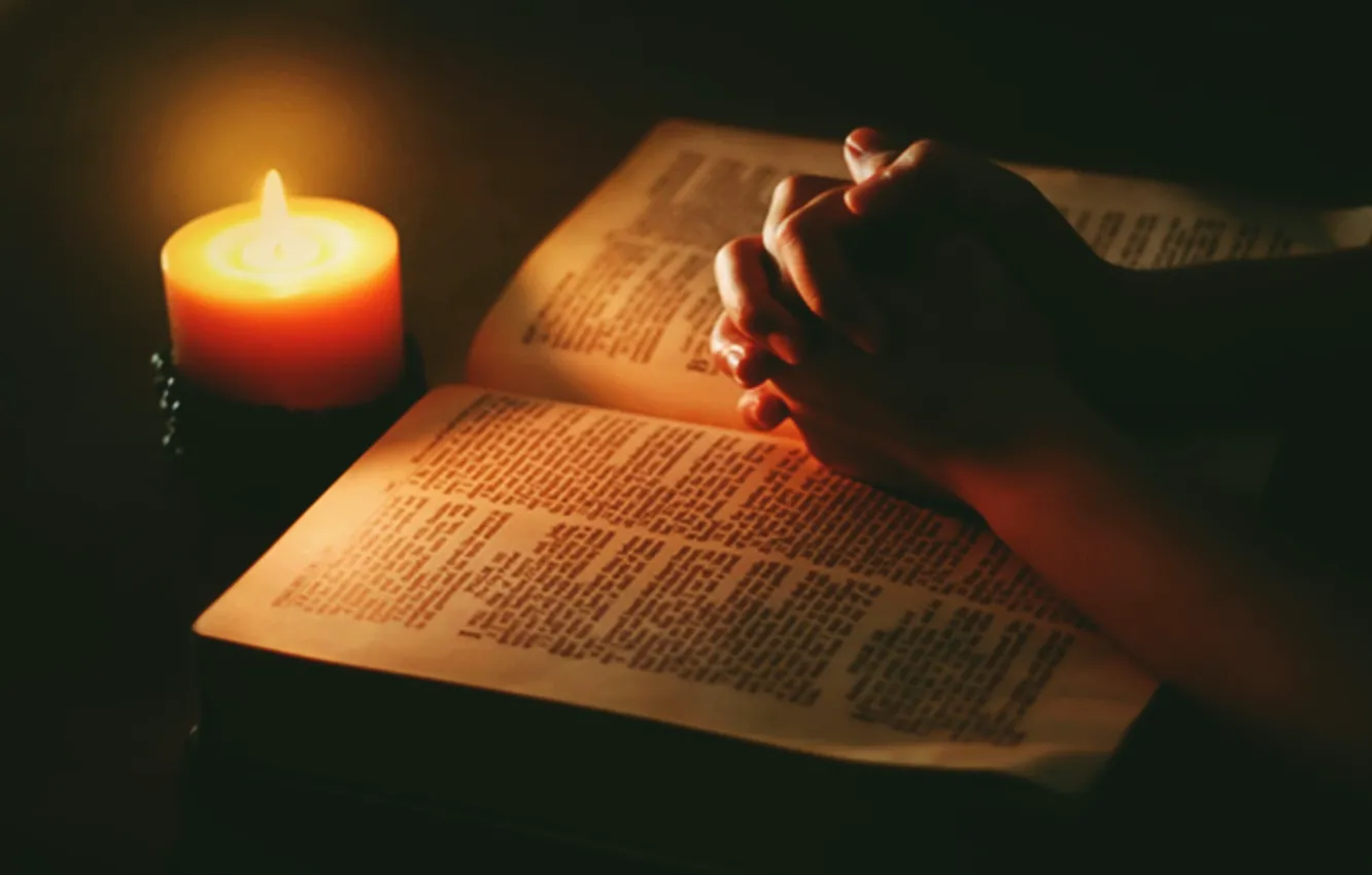 Photo wallpaper light, hands, candle, bible, praying