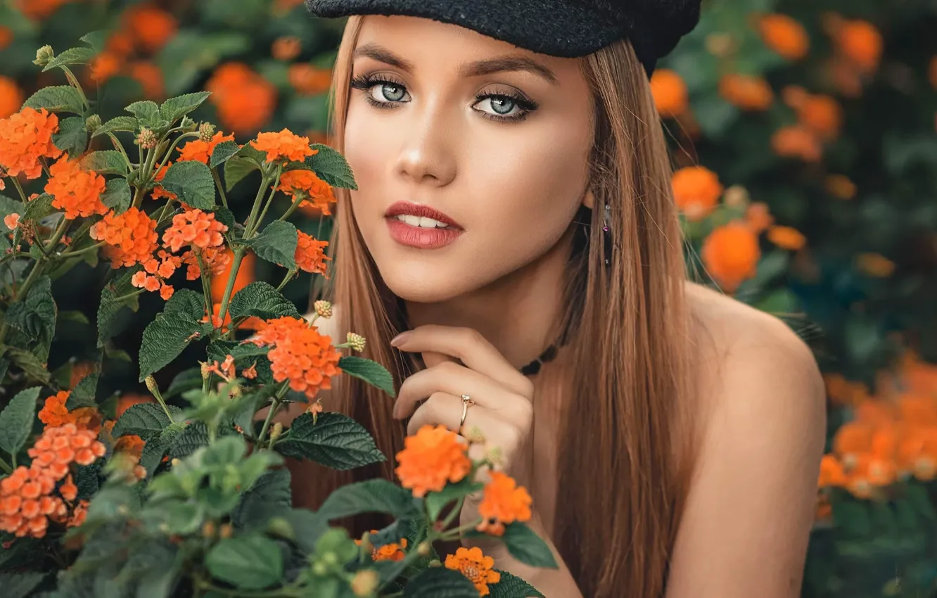 Photo wallpaper look, girl, flowers, nature, plant, makeup, cap, brown hair