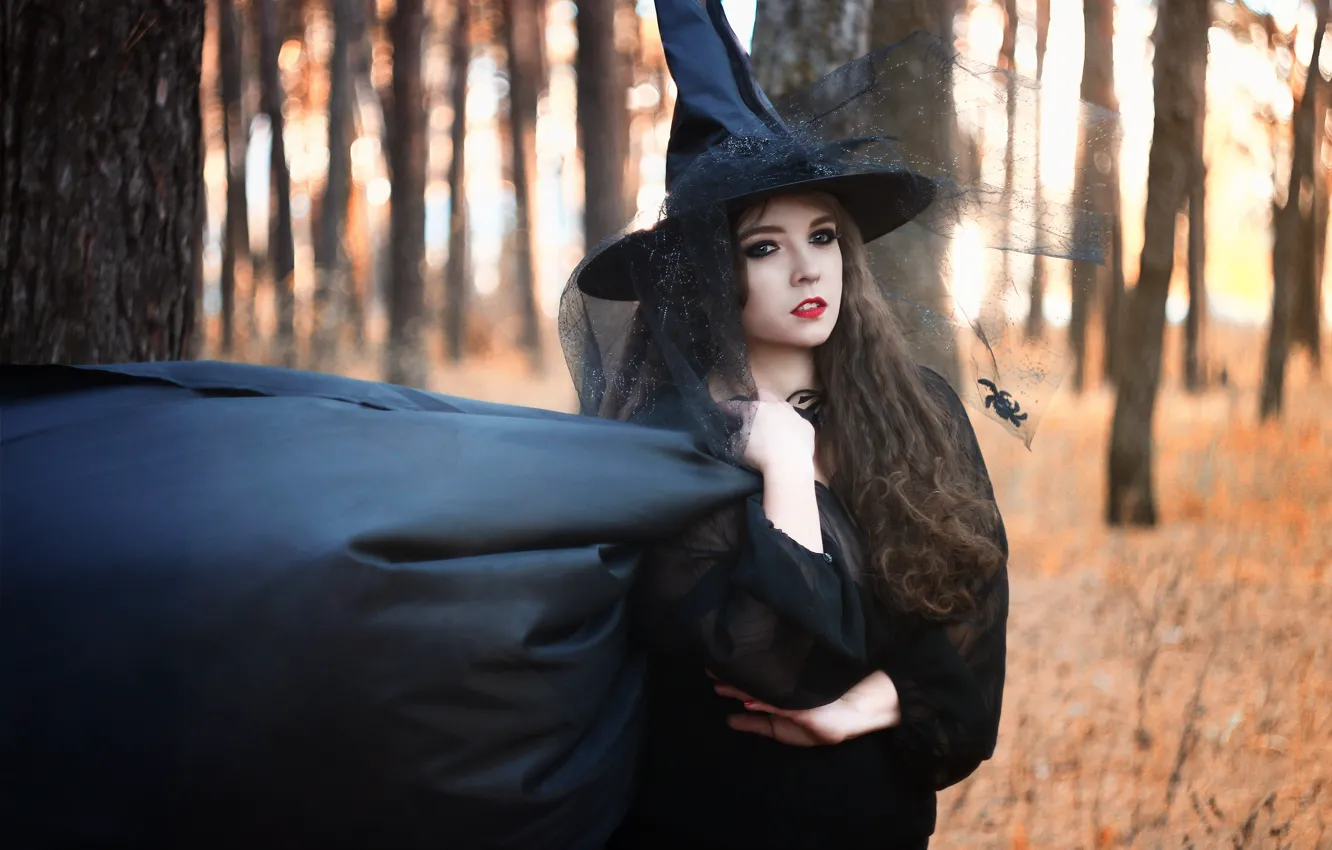 Photo wallpaper forest, girl, black, mantle, girl, witch, magic, black