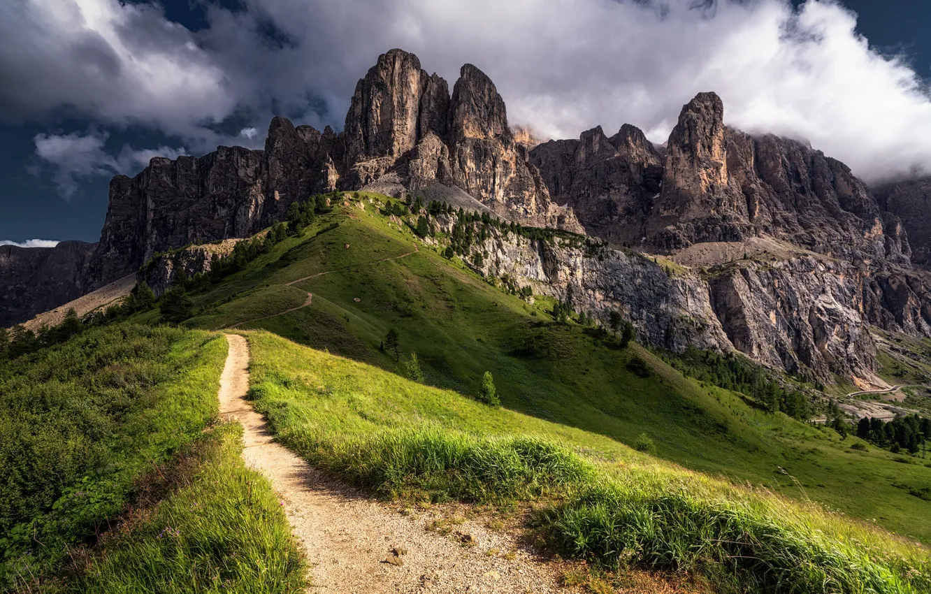 Photo wallpaper clouds, slope, The Dolomites