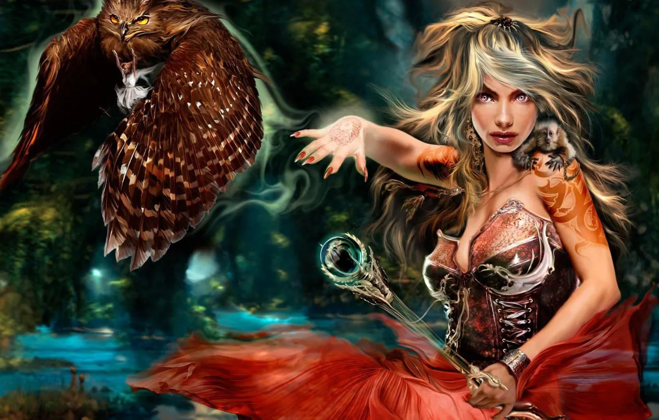Photo wallpaper girl, fantasy, bird, magic, fairy, rod