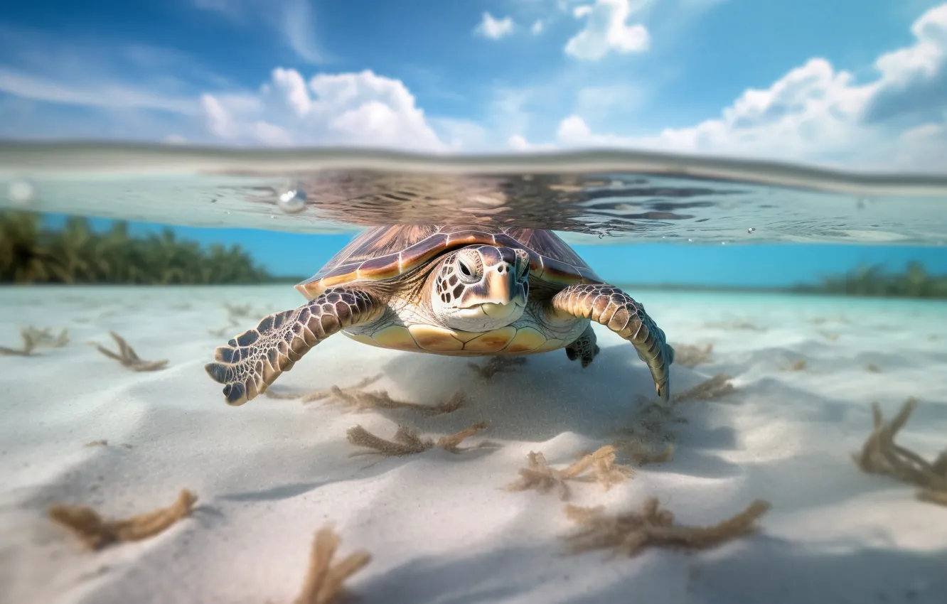 Photo wallpaper turtle, sea turtle, sea, AI art, neural network