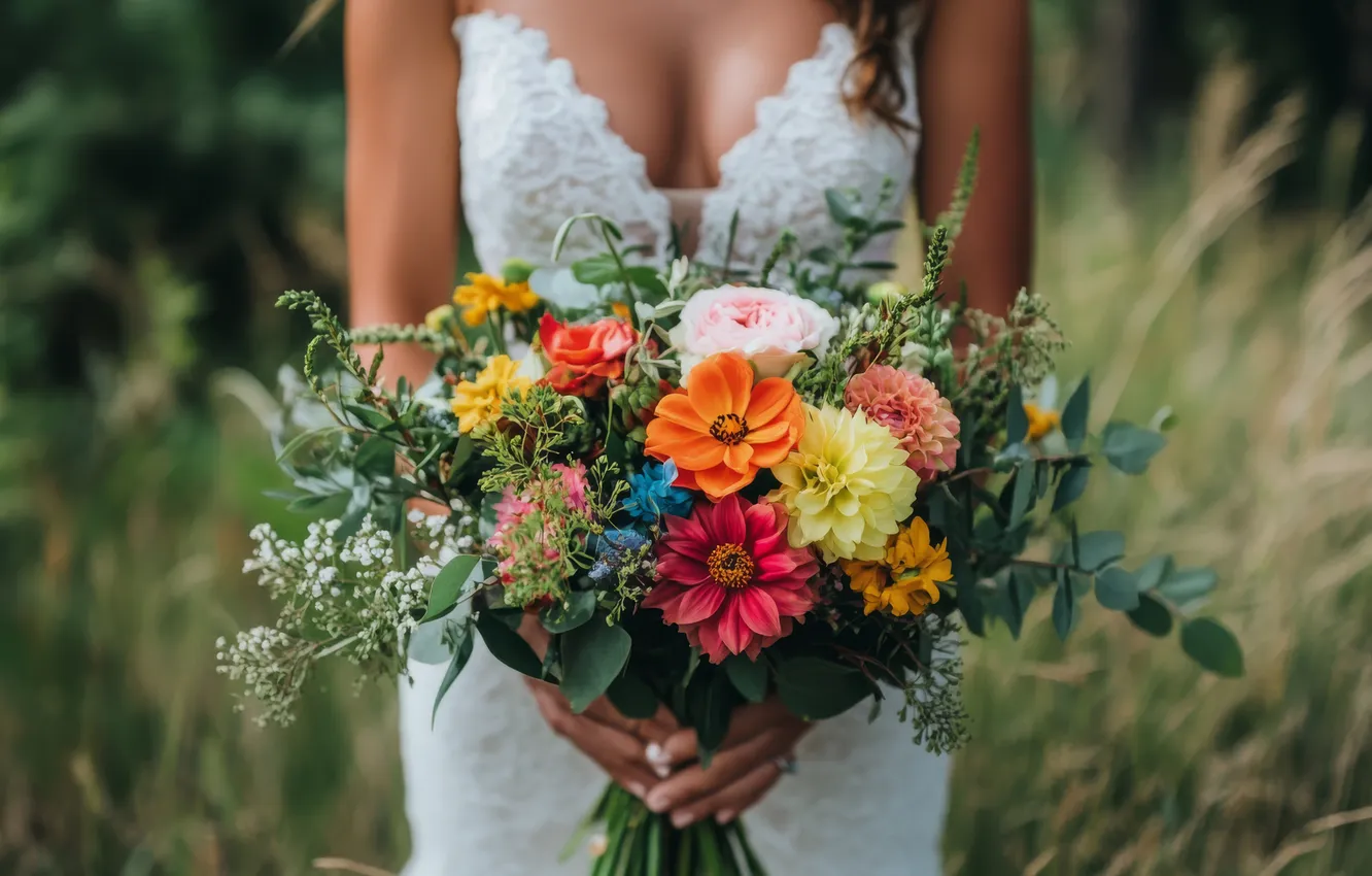 Photo wallpaper chest, leaves, girl, flowers, orange, red, nature, bright