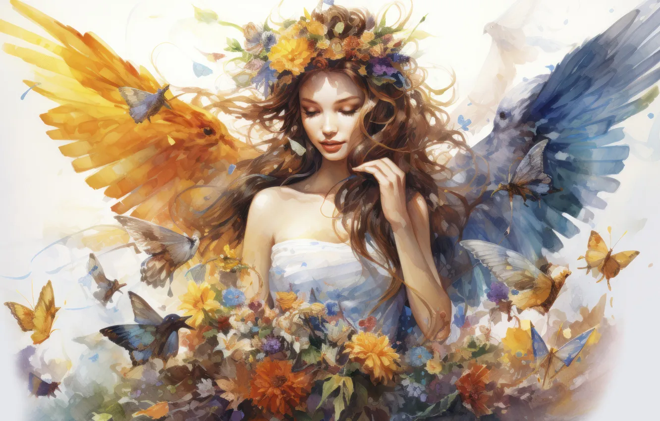 Photo wallpaper neural network, fairy, wings, AI art, fantasy, girl, elf, imitation painting