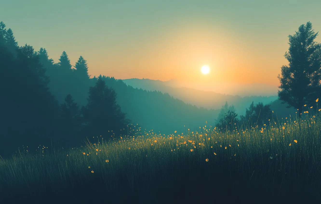 Photo wallpaper field, forest, summer, the sky, the sun, light, flowers, fog