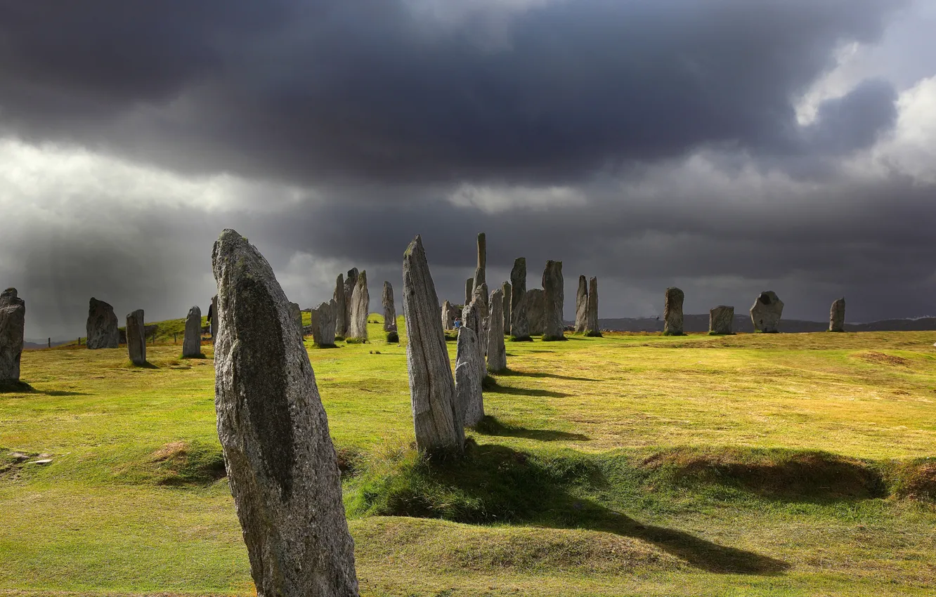 Photo wallpaper grass, clouds, stones, boulders, Megalit
