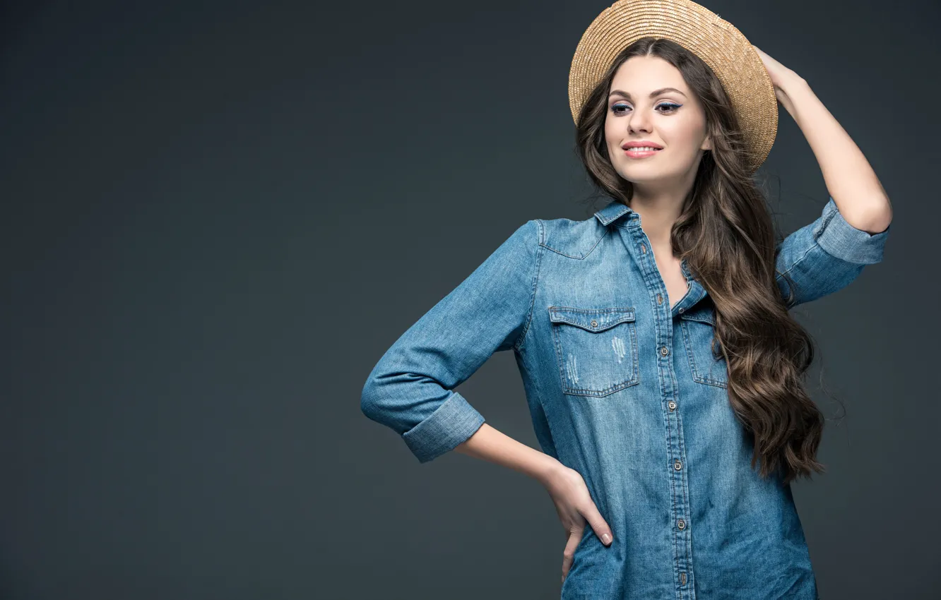 Photo wallpaper pose, smile, background, portrait, hat, makeup, hairstyle, shirt