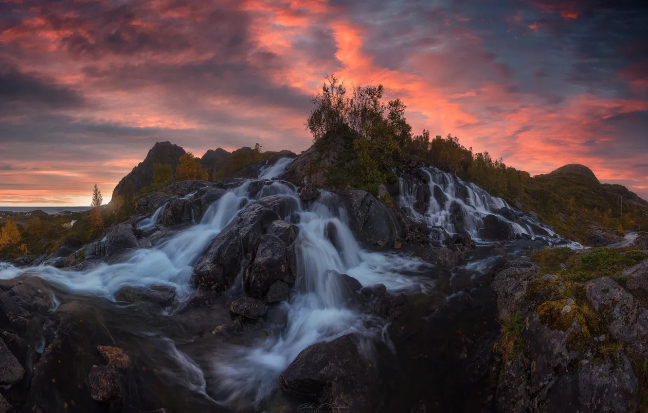 Photo wallpaper sunset, rocks, waterfall, Norway, Lofoten, Carlos F Turienzo