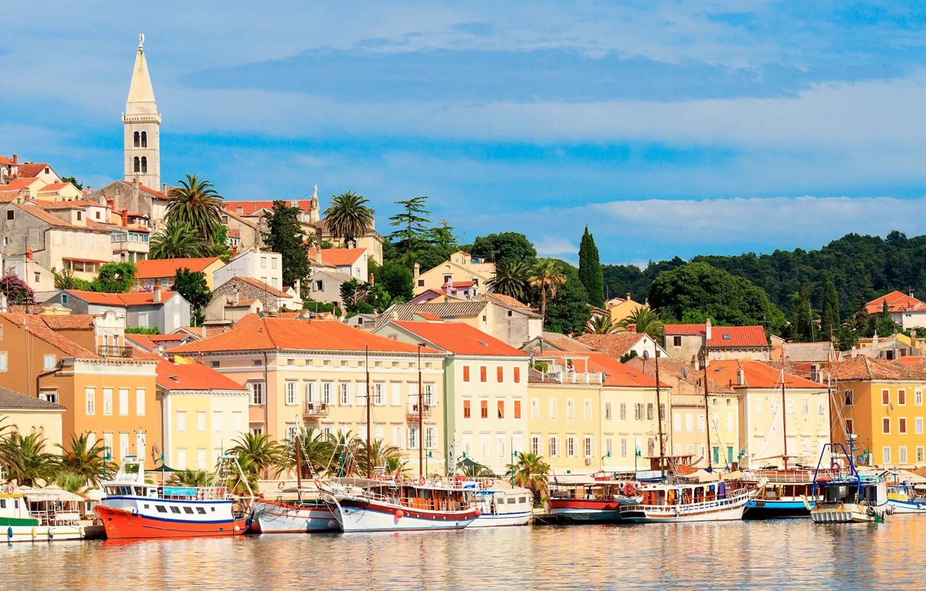 Photo wallpaper sea, the city, Marina, home, ships, promenade, Croatia, Mali Losinj