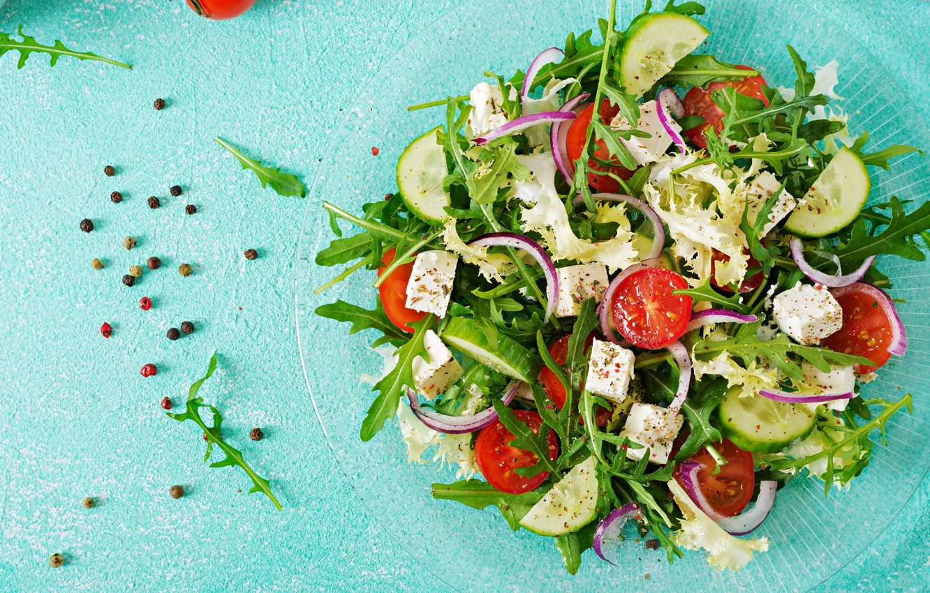 Photo wallpaper vegetables, blue background, salad