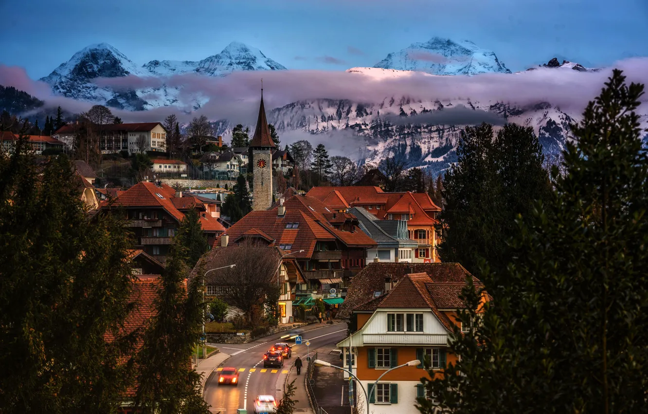 Photo wallpaper road, roof, clouds, trees, landscape, mountains, lights, street