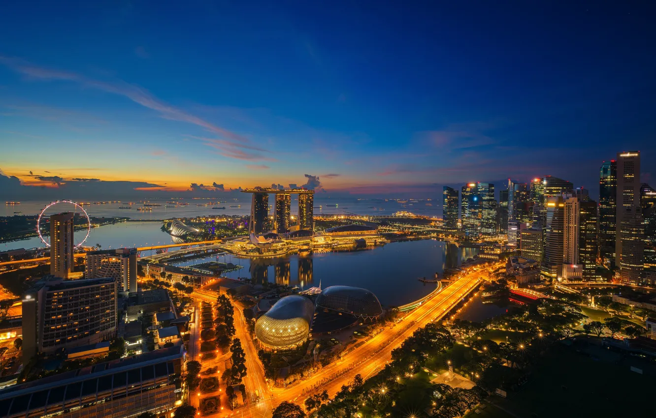 Photo wallpaper night, lights, lights, skyscrapers, Singapore, architecture, megapolis, blue