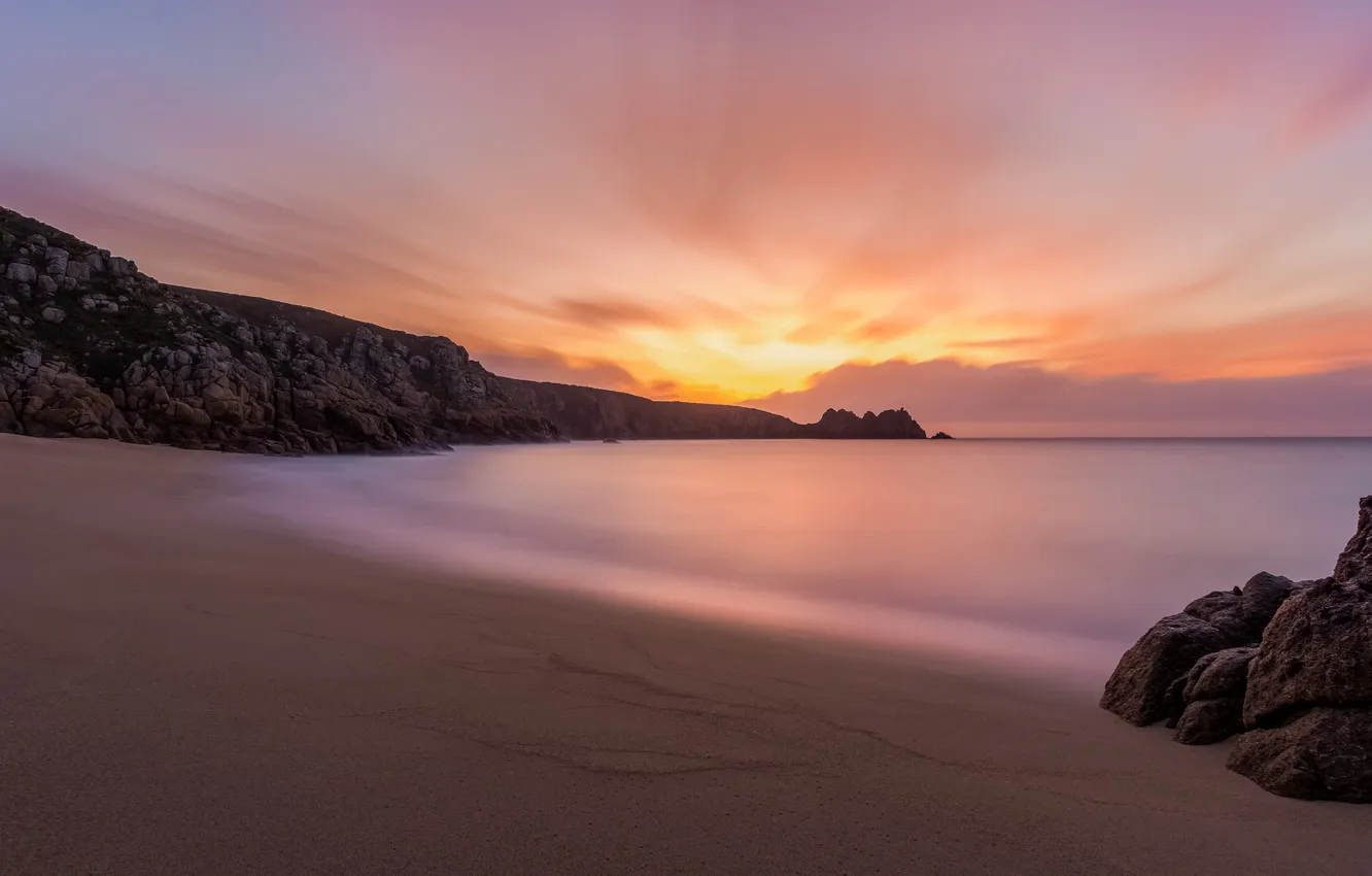 Photo wallpaper sand, sea, beach, stones, rocks, dawn, shore