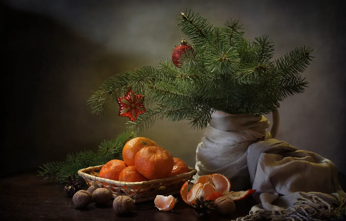 Photo wallpaper branches, table, holiday, toys, spruce, New year, nuts, still life