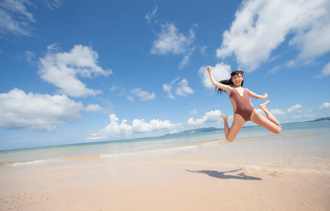 Photo wallpaper Swimsuit, Clouds, Sky, Beautiful, Asian, Model, Coast, Water